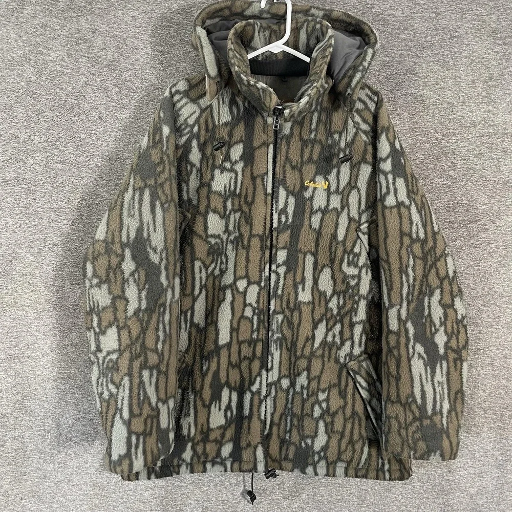 Cabelas Whitetail Jacket Mens XL Camo Fleece Hooded Made USA Hunting Full Zip
